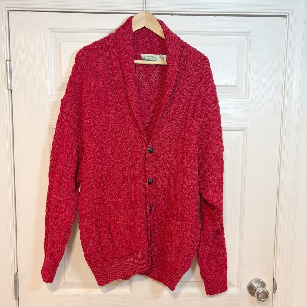 Aran Crafts Ireland Irish Red Wool Cable Knit Shawl Cardigan Sweater Mens XL